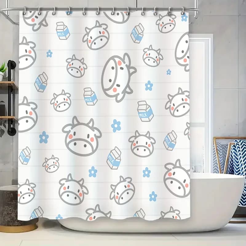 Tenda da doccia modello mucca Decorazione da bagno impermeabile Fiore bianco Mucca Cartone di latte Stampa di cartoni Set di tappetini da bagno Decorazioni per la casa