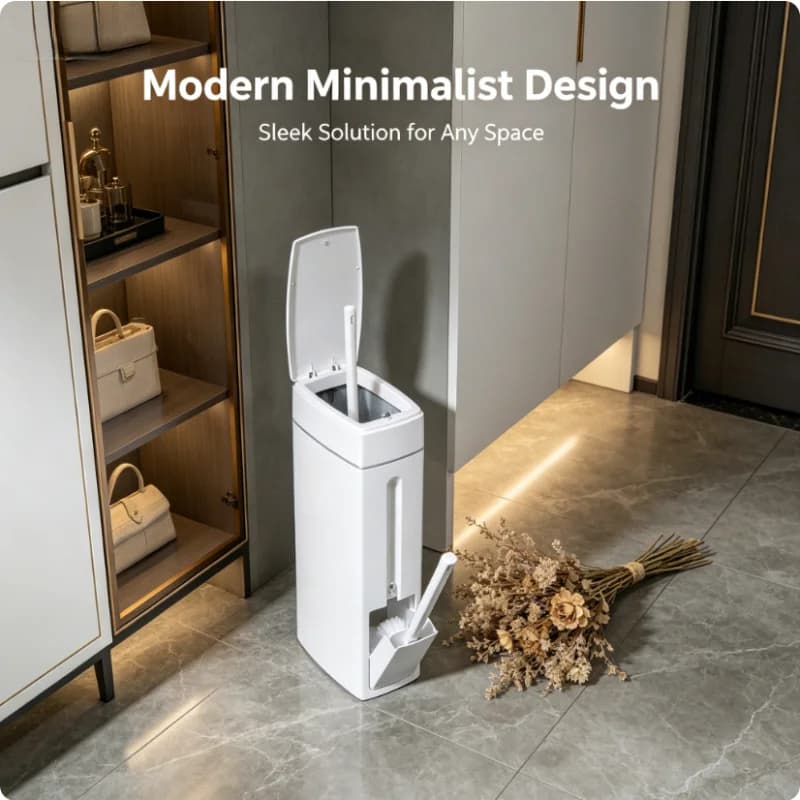 Integrated Toilet Brush Holder Trash Can Combo Narrow Space Saving Bathroom Bin with Lid Multifunctional Organizer