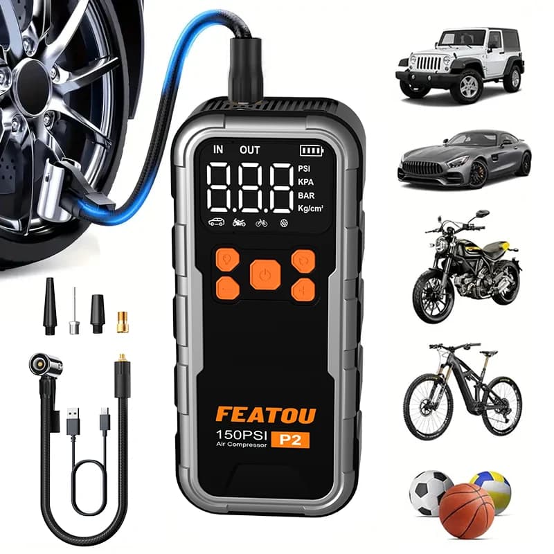 FEATOU-Compressore d'aria portatile per gonfiaggio pneumatici, pompa d'aria senza fili veloce, display digitale con adattatore per ugelli multifunzione e lungo