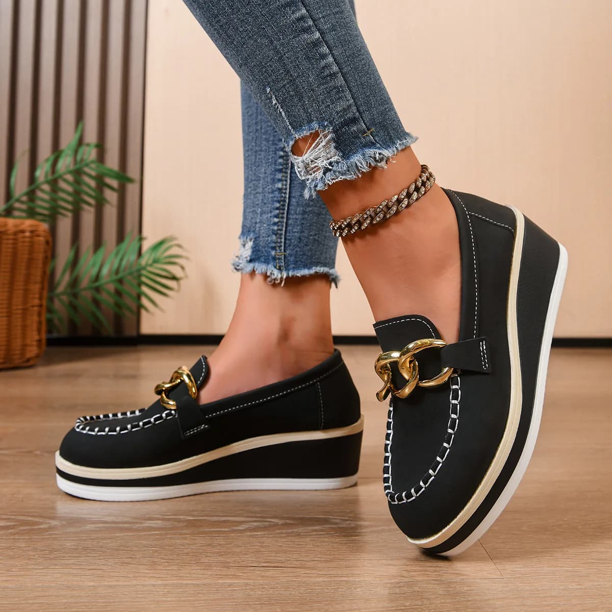 Mocassini con plateau da donna Mocassini eleganti in pelle scamosciata da donna Scarpe da donna Slip On Mocassino Scarpe casual nere da donna