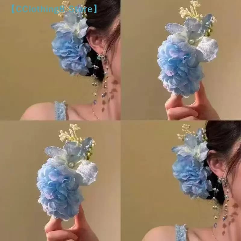 Fermaglio per capelli a forma di fiore blu, fermaglio a becco d'anatra, forcine laterali, accessori per capelli da viaggio e per feste【AliS8】