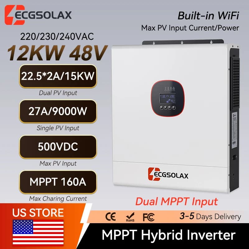 ECGSOLAX 12KW 48V Hybrid Solar Inverter 230Vac With Dual MPPT 160A Charger Pure Sine Wave Off-grid Hybrid Inverter Max PV 500VDC
