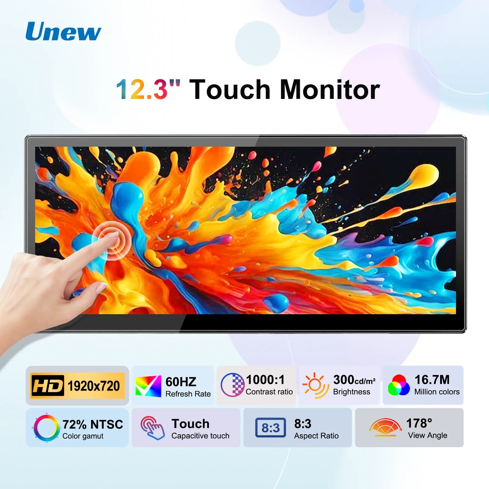 12.3 Inch Touchscreen Portable Monitor 1920x720 IPS Display 10-Point Touch USB C HDMI Gaming Monitor For Laptop PC 8:3