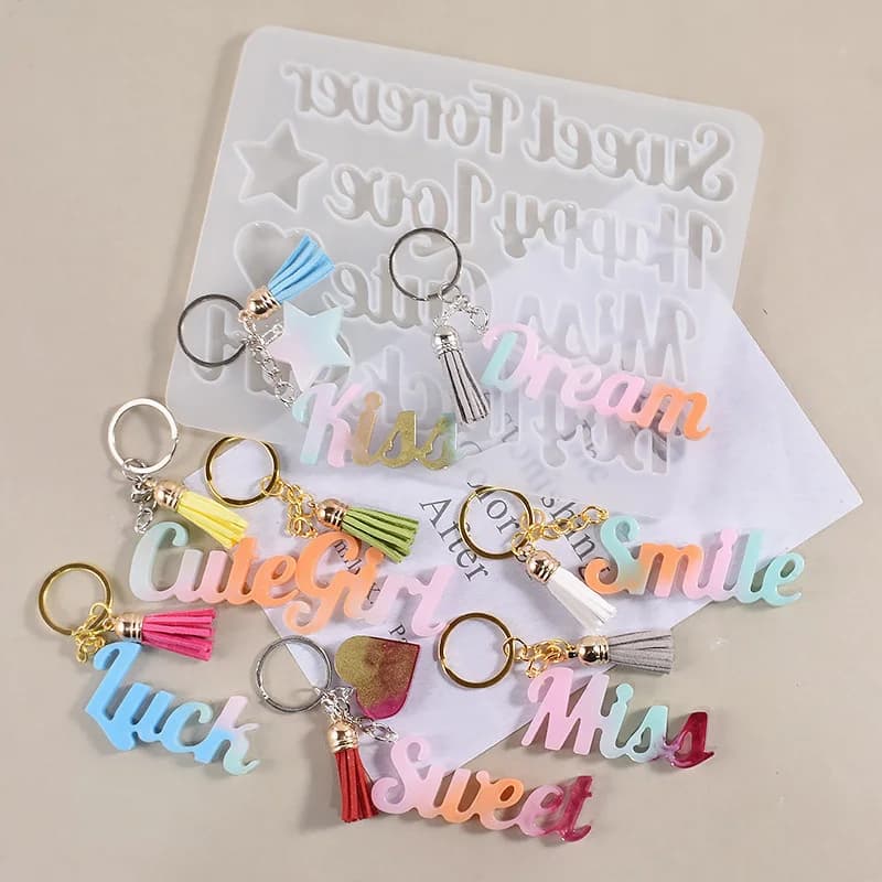 DIY Tassel Keychain Crystal Drop English Alphabet Words Blessing Pendant Epoxy Resin Crafts Silicone Mold Jewelry Set Home Decor