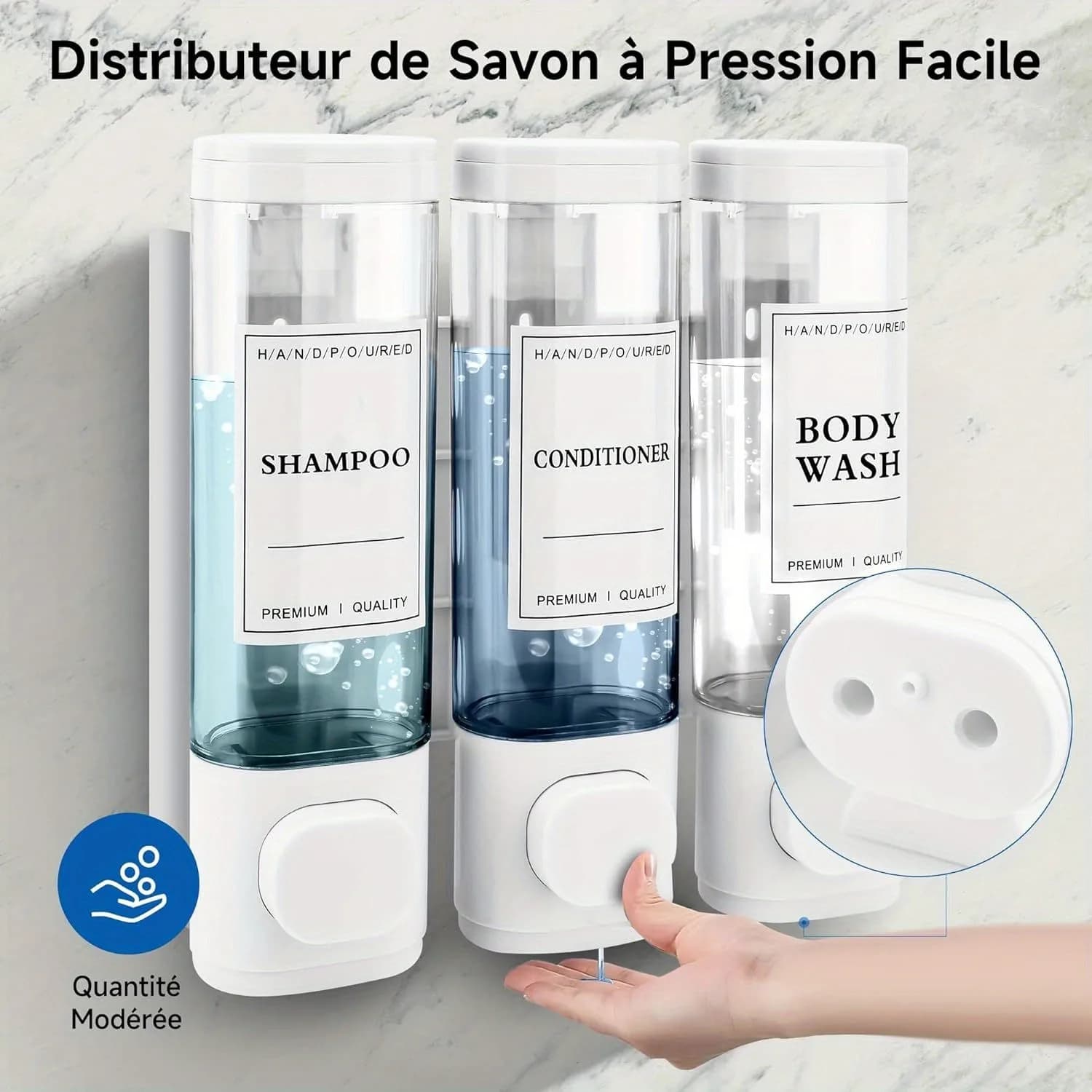 Dispenser di sapone a parete, dispenser di gel doccia, dispenser di shampoo e balsamo 3 in 1, nessuna perforazione richiesta, materiale ABS,