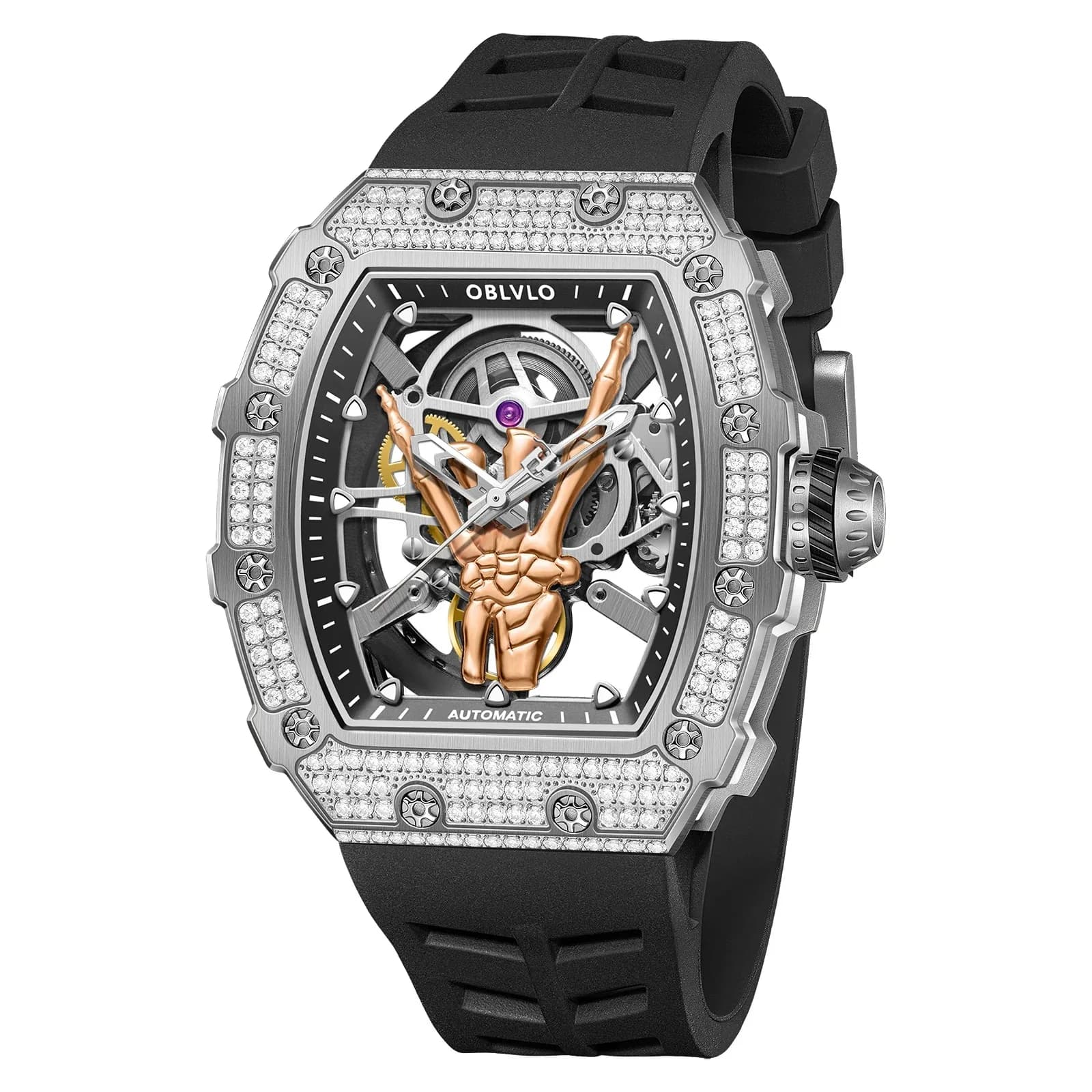 OBLVLO Men Automatic Watch 44MM Tonneau Mechanical Wristwatch Skeleton Finger Dial Sapphire 50M Waterproof Luminous