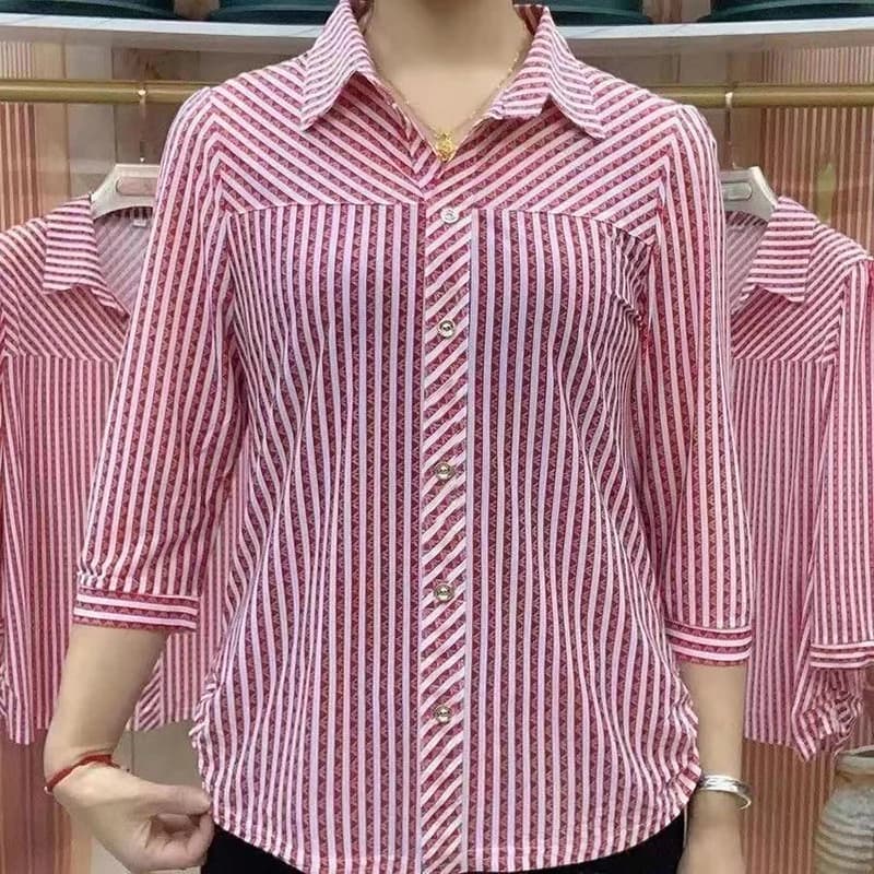 Moda risvolto pulsante impiombato stampato camicie a righe abbigliamento donna 2024 autunno nuovo pendolare allentato top casual camicette di chiffon