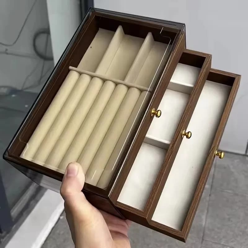 Vintage 3-layer Drawer Style Walnut Wood Jewelry Storage Case for Ring Earring Necklace Jewelry Accessory Acrylic Organizer Box