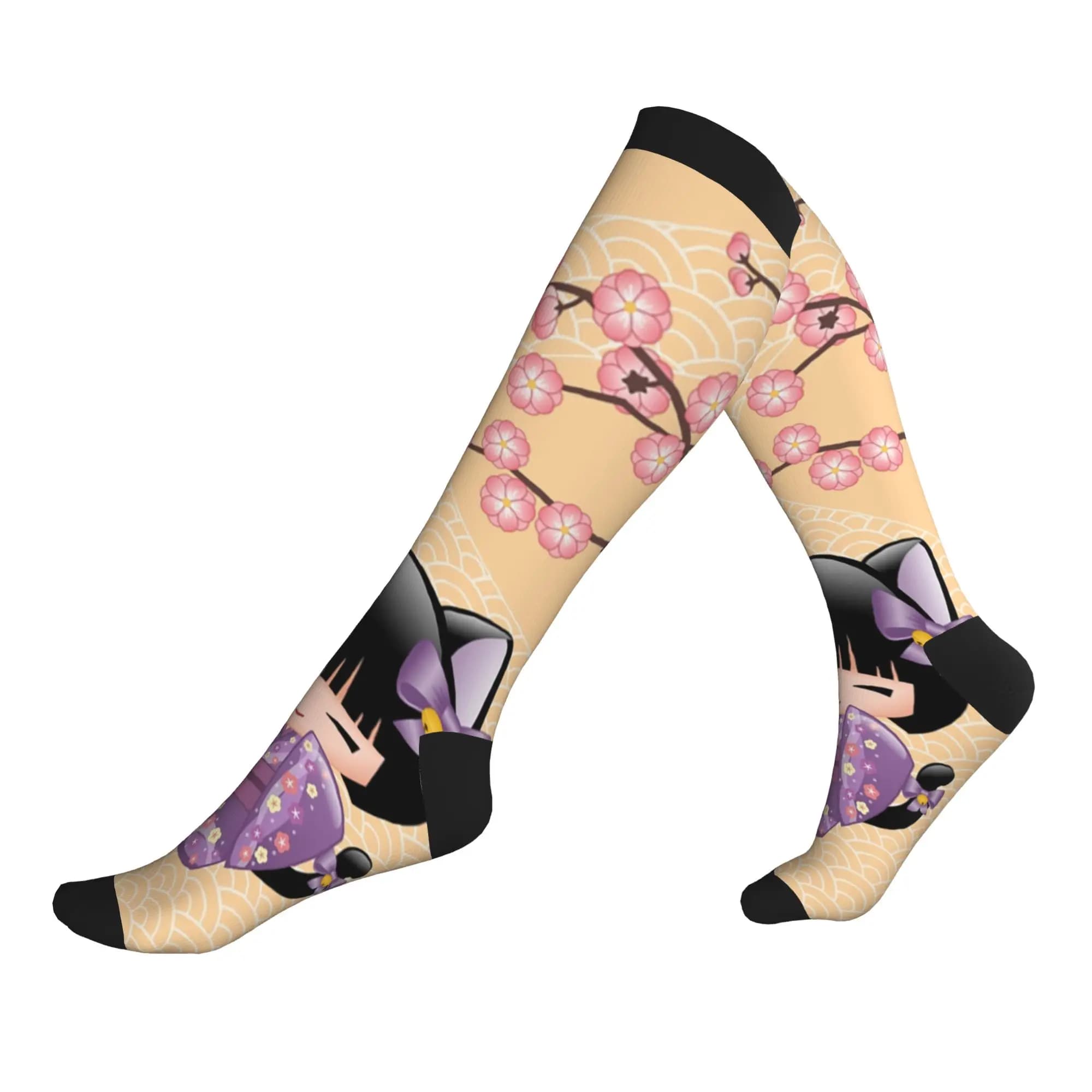 Cute Kokeshi Doll Mens Sports Compression Socks Unisex Japanese Sakura Cherry Blossom Spring Summer Autumn Winter Dress Socks