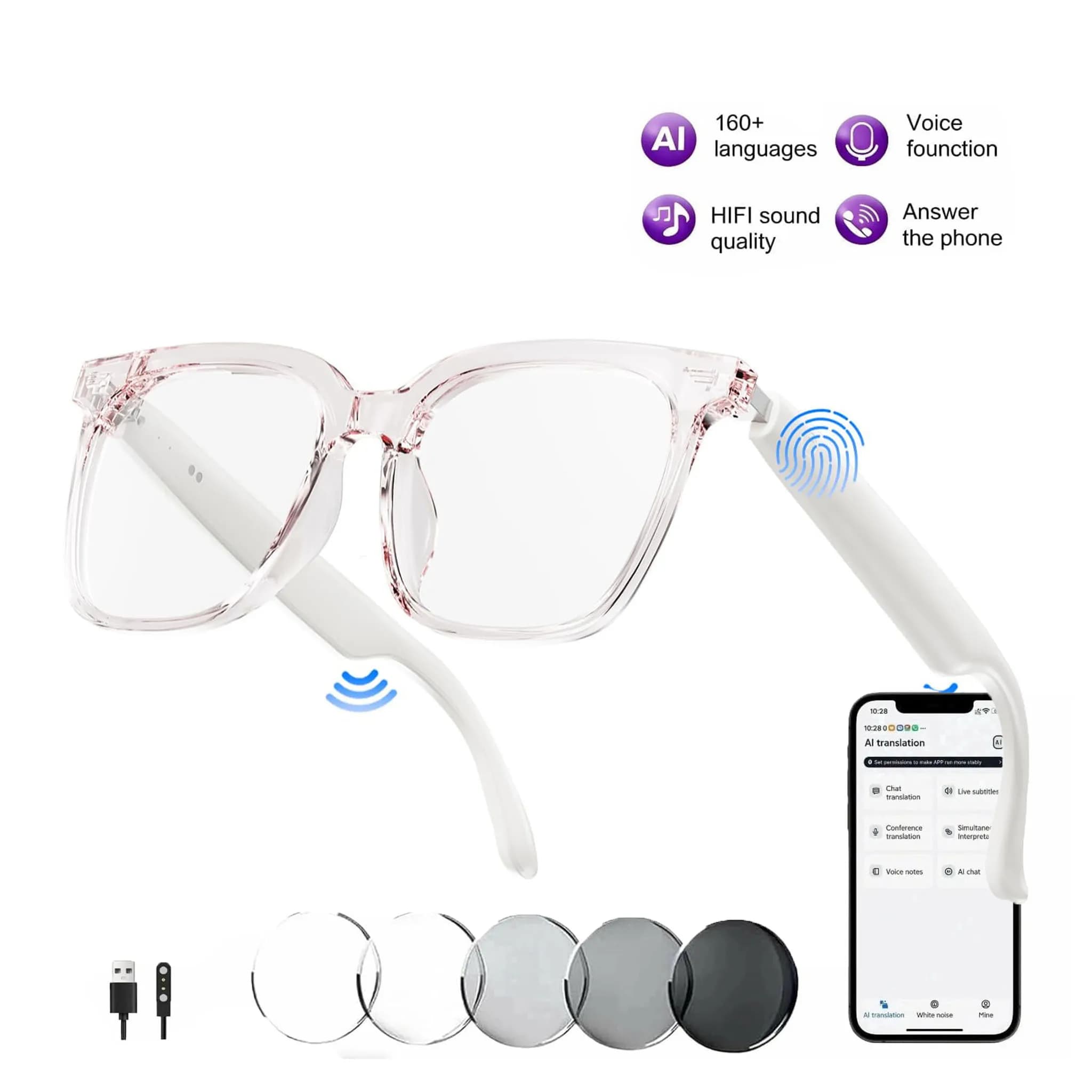 Occhiali Smart Bluetooth Rosa Multifunzione con Traduzione, Occhiali da Sole Anti-UV Ovali per Regali di Compleanno, Palestra, Riunioni