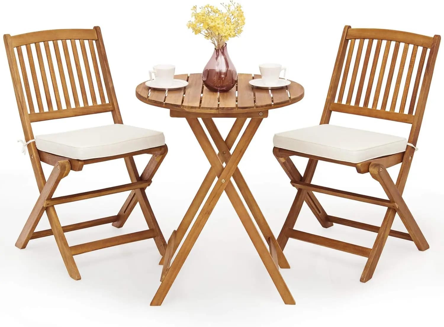 3-piece patio bistro set wooden folding table set 2 padded chairs for garden round table for outdoor furniture (natural beige)