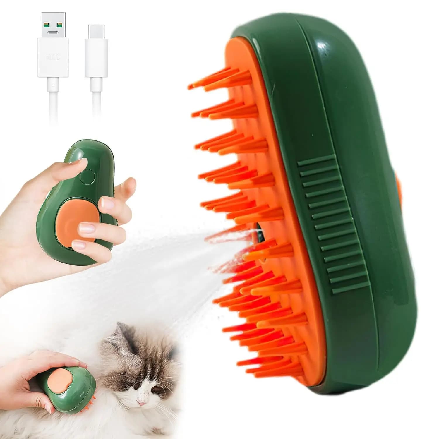 Spazzola per la rimozione dei peli di cani e gatti, a forma di avocado, ricaricabile tramite USB, con spray per il bagno, massaggio e rimozione dei peli in eccesso.