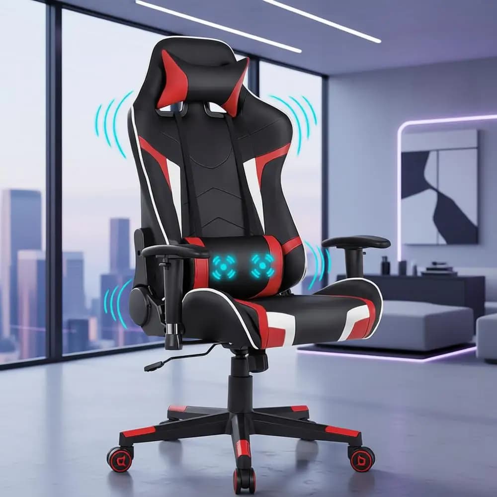 Sedia da gaming ergonomica con poggiatesta, supporto lombare, braccioli, reclinabile per adulti - rossa