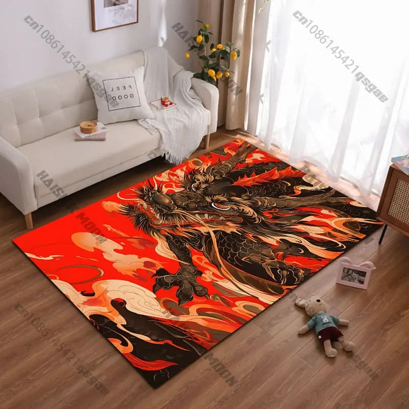 Fierce dragon amidst fiery flames carpet Yoga living room room decor children's crawling mat doormat area rug games mat