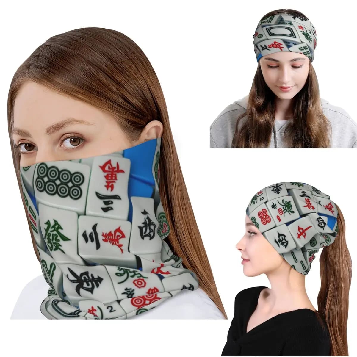 Bandana con motivo Mahjong, copricollo, maschera, sciarpa, fascia per la testa multiuso, berretto, cappello, unisex, per adulti, per tutte le stagioni