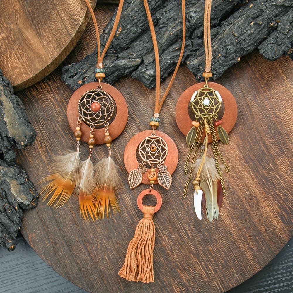 Boho Vintage Necklace for Favors Dreamcatcher Tassel Pendant Necklace Statement Geometric PU Leather Sweater Chain Daily Wear
