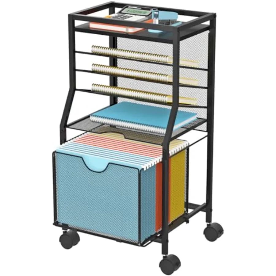Carrello Portadocumenti a 6 Ripiani con Ruote Bloccabili, Organizer da Scrivania in Legno e Rete con Cassetto Scorrevole per Archiviazione