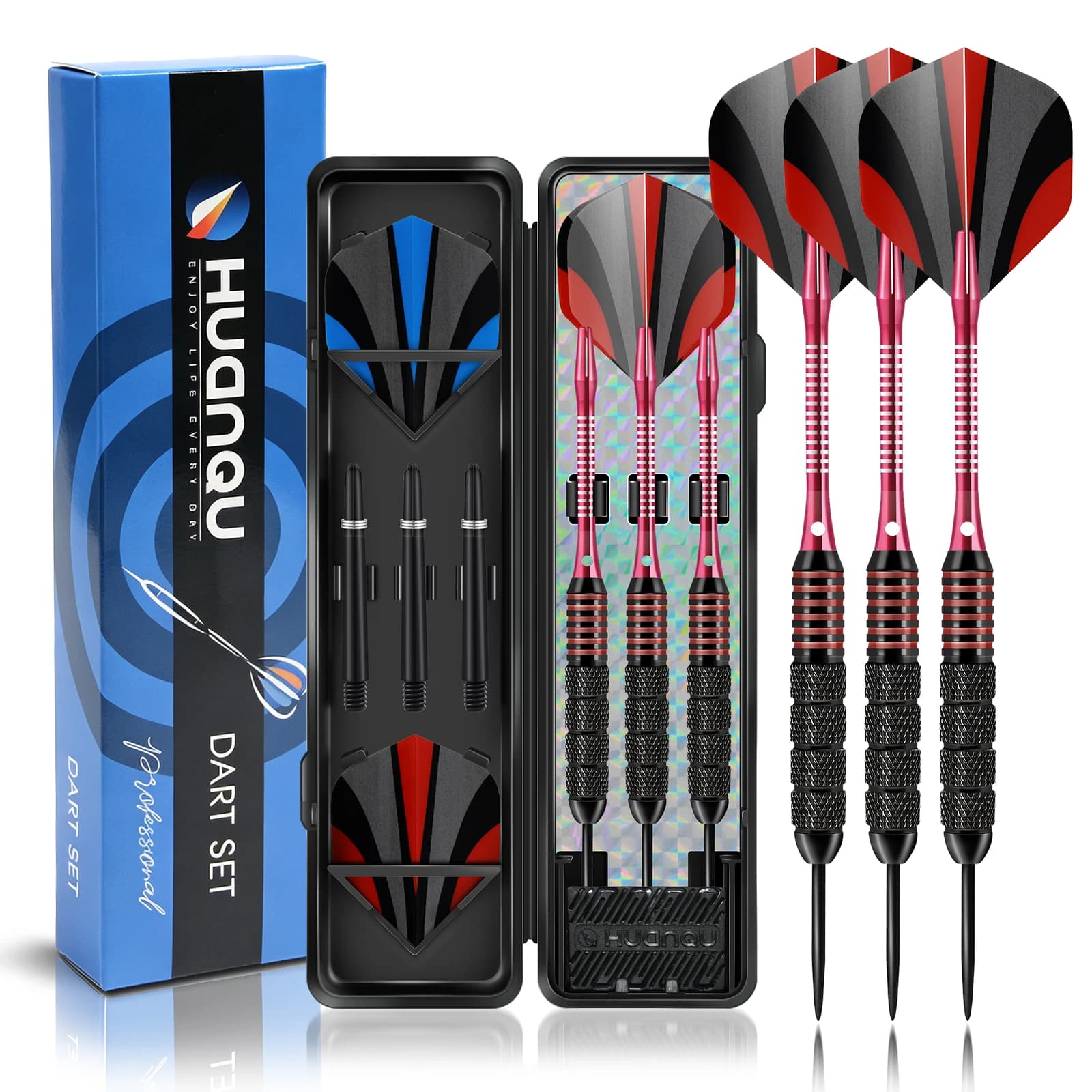 HUANQU 3Pcs 22g Steel Tip Darts Set Professional Iron Barrels Aluminum Shafts Extra Flights with Hard Case Dartboard Games