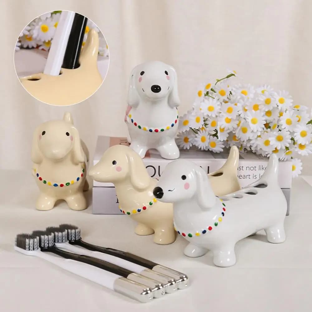 Portaspazzolino in Ceramica a Fori Piccoli, Portaspazzolino a Forma di Bassotto in Ceramica, Portaspazzolino Multi-slot per Bagno