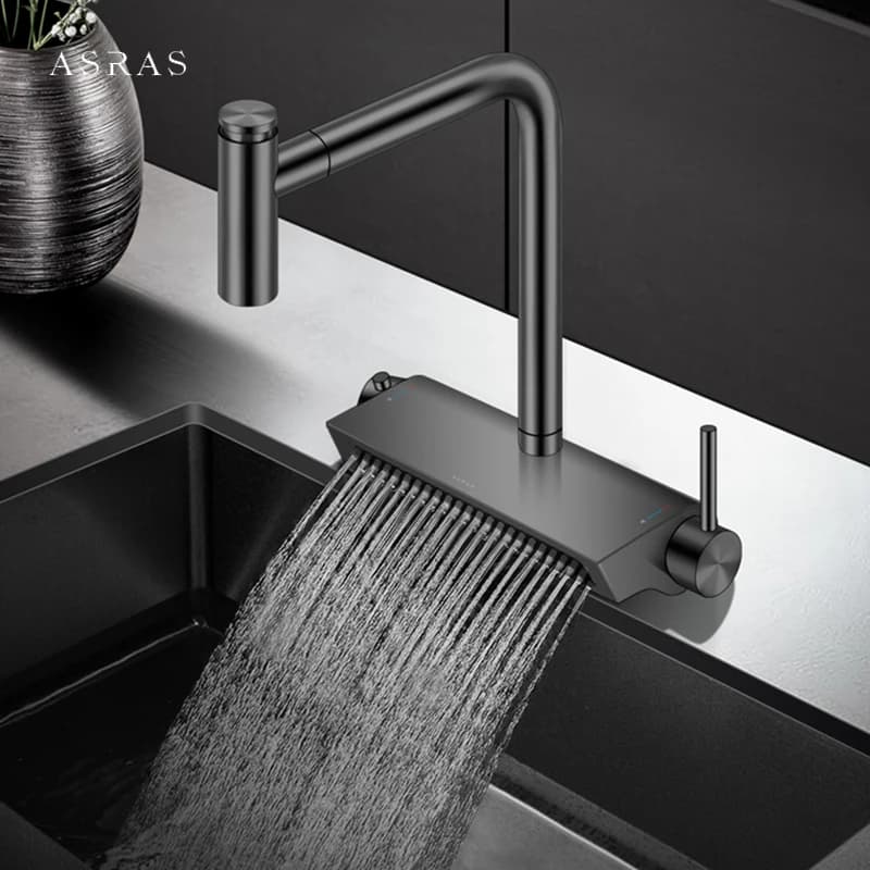Black Brass Waterfall Faucet Kitchen Faucet for Hot & Cold Water Single Command Switch Pull-out Kitchen Mixer 360 Degree