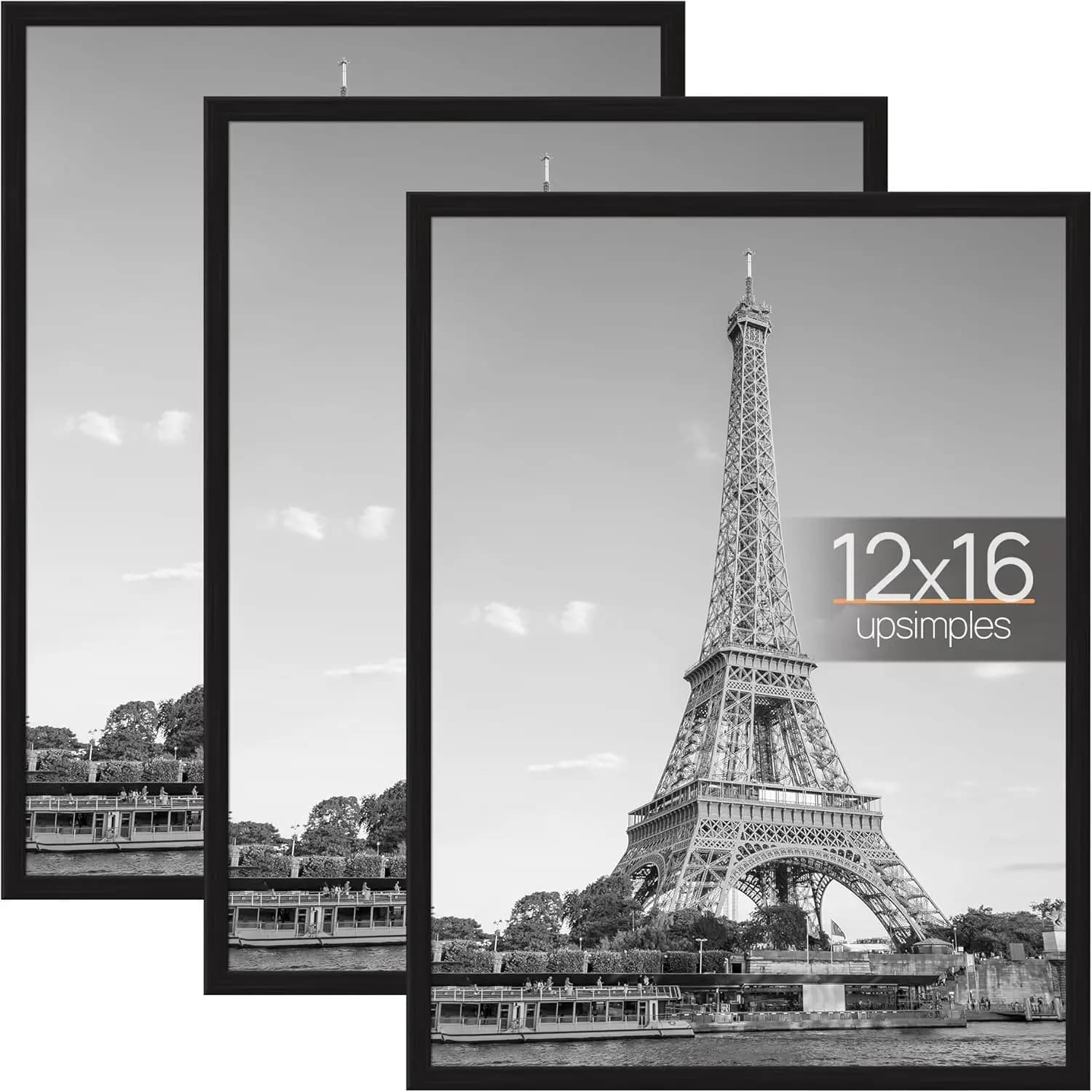 12x16 Picture Frame Black 3 Pack, Scratch-Proof Poster Frames 12 x 16 for Photo Gallery - Slide-In Strips, Horizontal or Vertica