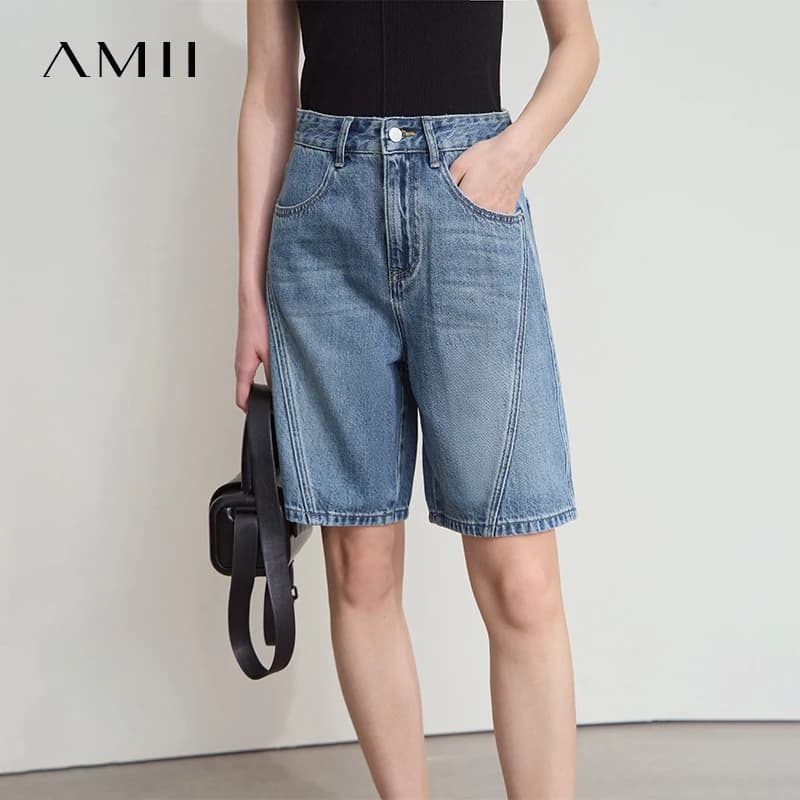AMII Women's jeans shorts Minimalist 2025 Summer New cotton pants Lady Casual Pocket Fashion Design jeans shorts 12542205