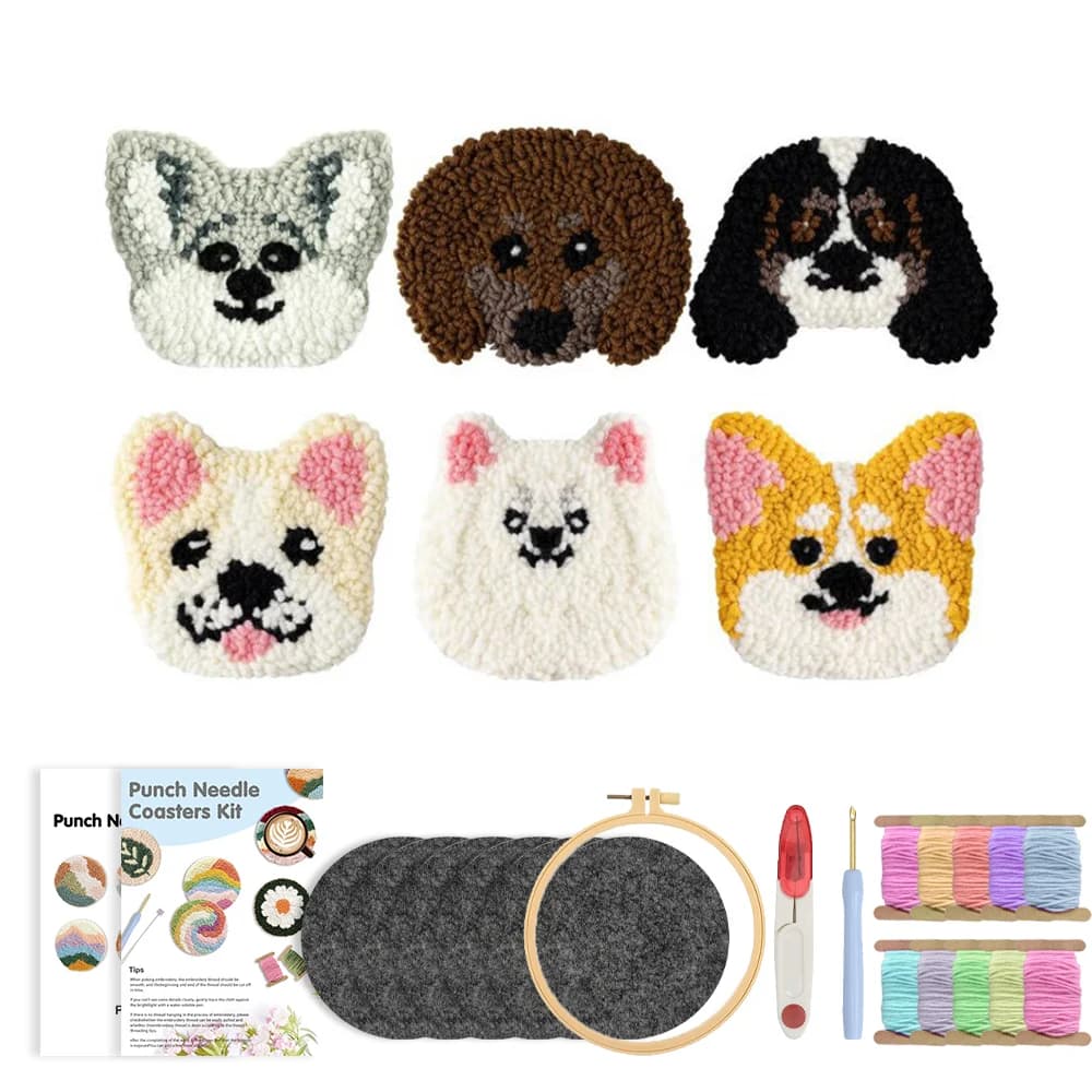 RUOPOTY 6pcs Punch Needle Coaster White Dog Diy Needle Punch Kit Crafts Art Supplies Animal Punch Needle Kits Adults Beginner