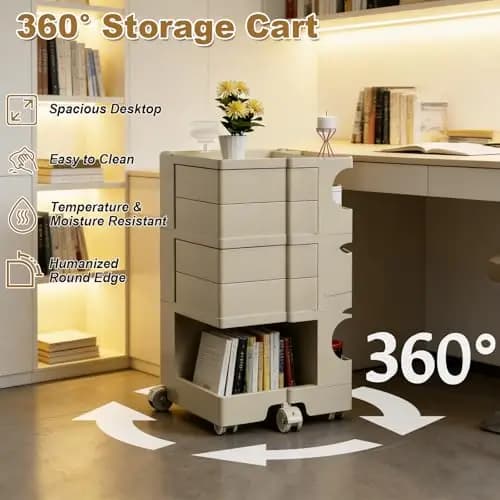 Khaki 360-Degree Rotating 4-Drawer Mobile Organizer With Open Base Shelf For Home, Office, Kitchen And Salon Use