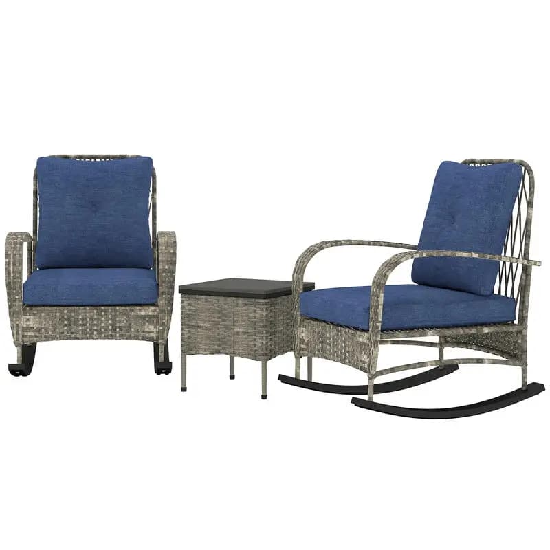 Set di mobili da giardino in vimini da 3 pezzi, sedie a dondolo da esterno in rattan PE con tavolino, cuscini per portico, grigio