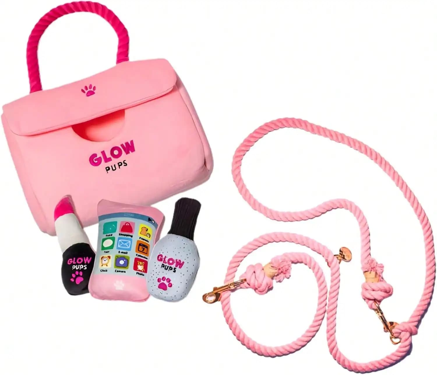 Glow Pups "Fashion Forward Walking Bundle: Pink Designer-Style Plush Purse Dog Toy Set (Includes Paw-Phone, Lipstick, Nail Polish) + Matching Light Pink Hands-Free Rope Dog Leash (5-Piece Set)