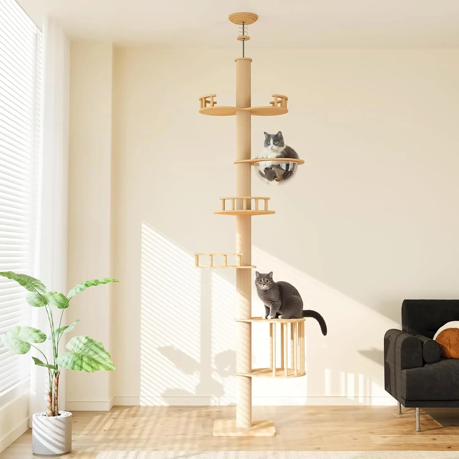 Torre per Gatti da Pavimento a Soffitto con Altezza Regolabile (98-106 Pollici), Torre da Arrampicata con Tiragraffi Rinforzato, Personalizzabile