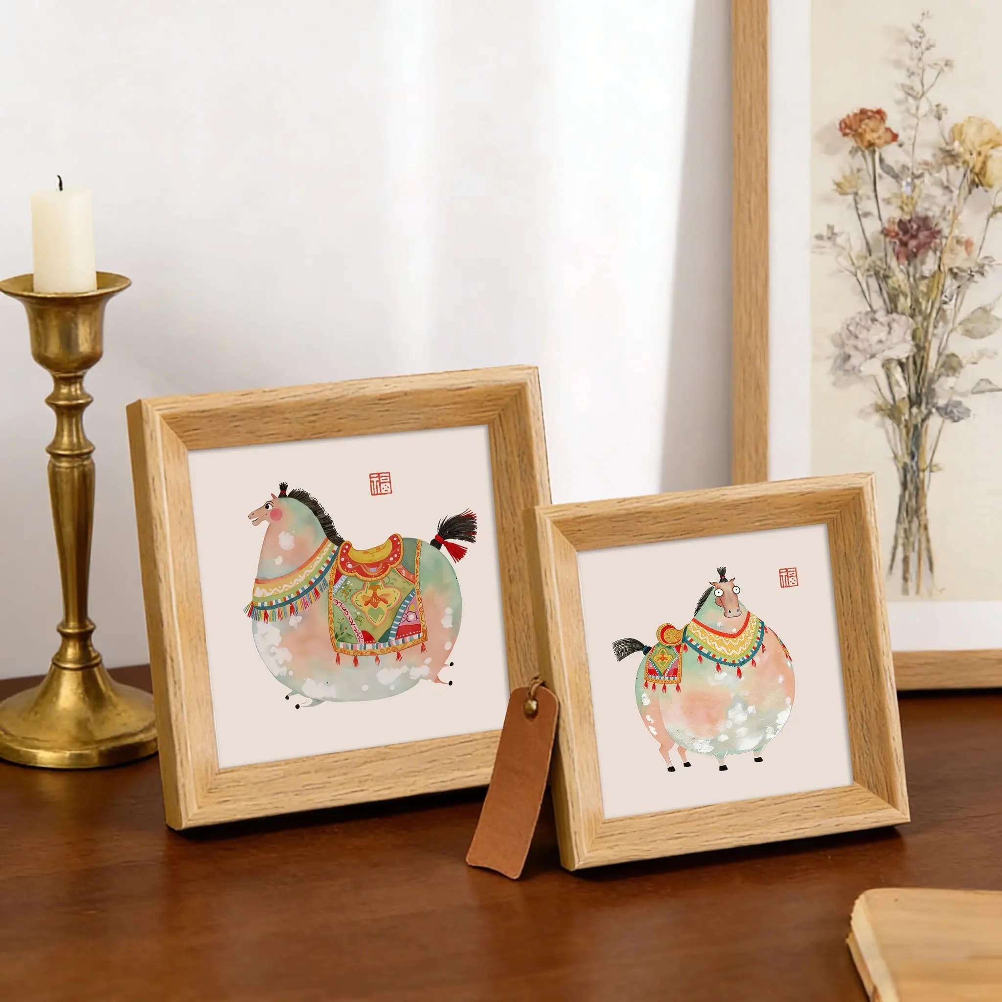 Square Wooden Picture Frame Cartoon Horse - Mini Frame for Oil Pastel Artwork, Mini Wooden Photo Frame Kids Photos Display
