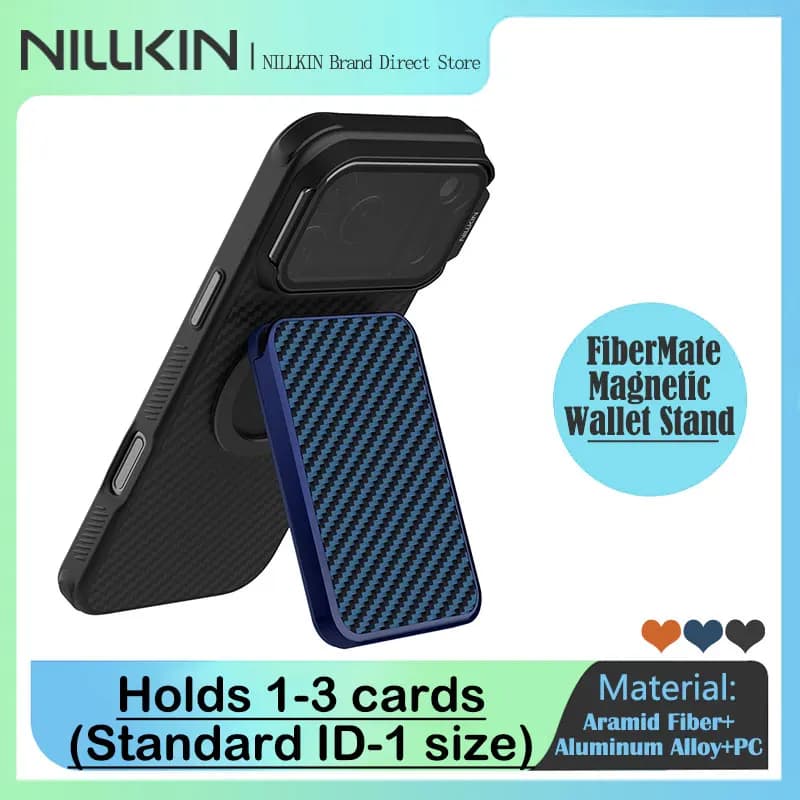 NILLKIN FiberMate Portafoglio Magnetico con Supporto in Fibra Aramidica, Blocco RFID, 3 Slot per Carte, Angolo Regolabile, Supporto per Telefono