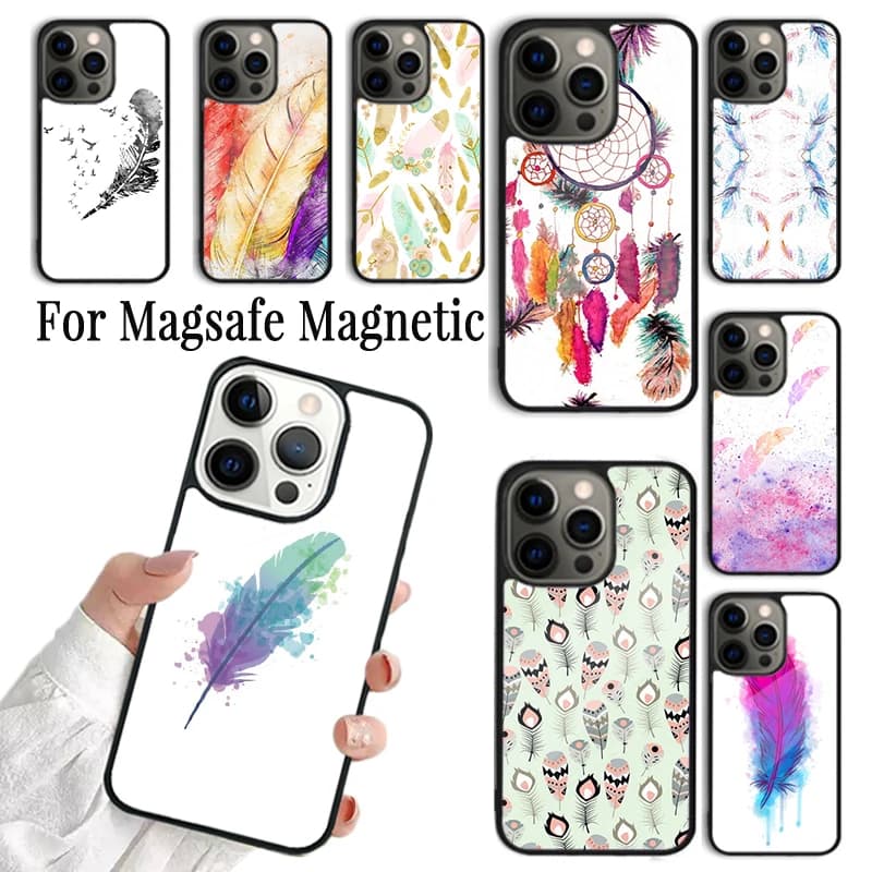 Cover per iPhone con Design a Motivo Piuma Acquerello per iPhone 17 AIR 16 15 14 13 12 11 Pro Max Plus, Custodia Magnetica Magsafe