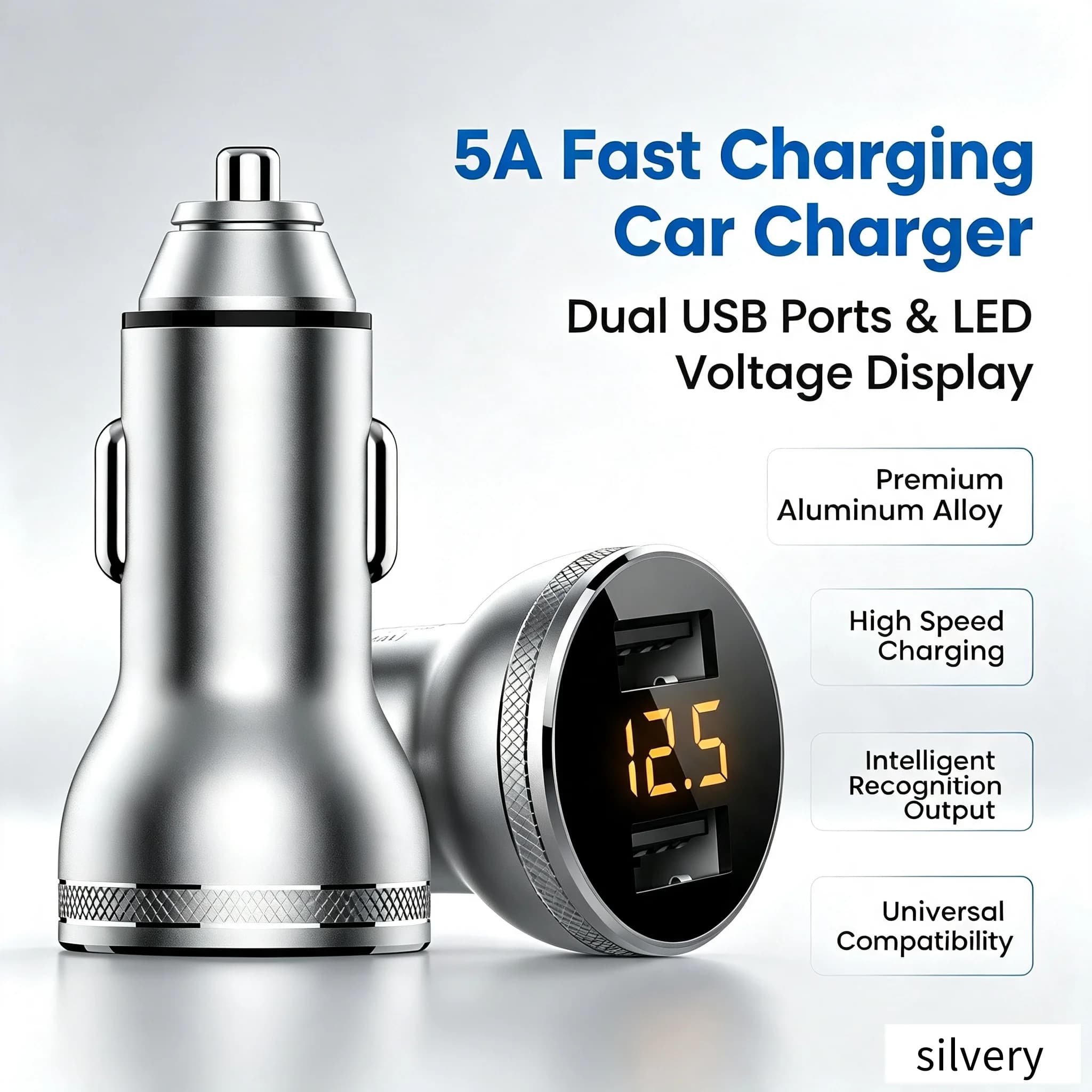 Caricabatterie per auto, ricarica rapida, doppia uscita USB, rilevamento tensione batteria auto con LED, caricabatterie integrato, realizzato in alluminio di alta qualità