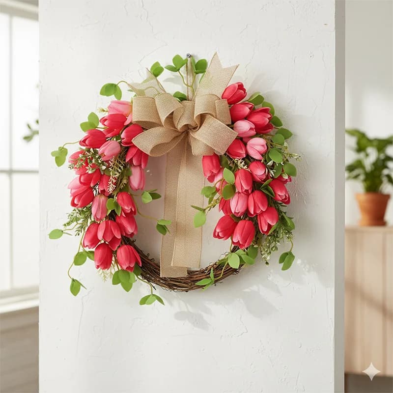 Artificial Tulips Garland for Door, Realistic Silk Spring Decoration - For Home, Walls, Wedding, Window, Internal Use or Exterior