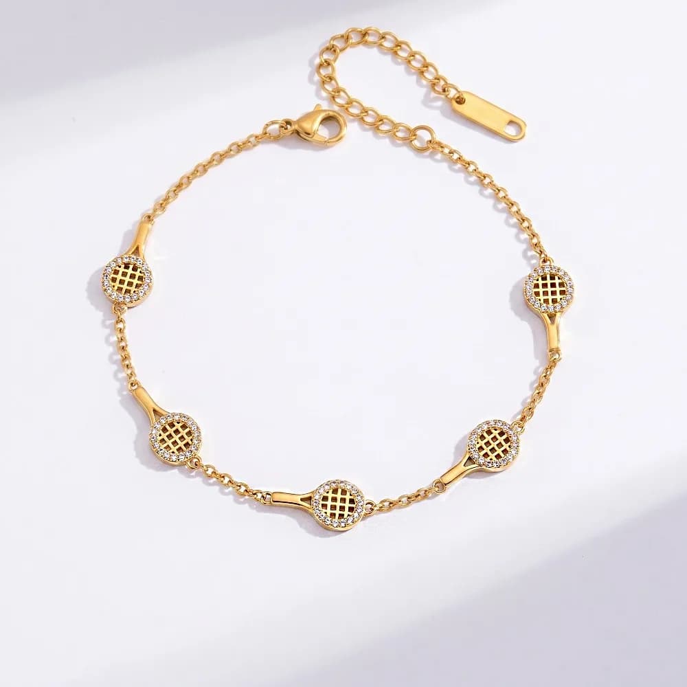 Metal Chain Tennis Racket Bracelet 18K Gold Plated Stainless Steel Tennis Racket Open Bangle Star Retro Rhinestones Bracelet