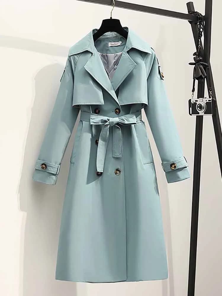 ITOOLIN Women Long Trench Coat Fashion Windproof Coat Double Breasted Trench Coats Green Belt Windbreaker Winter
