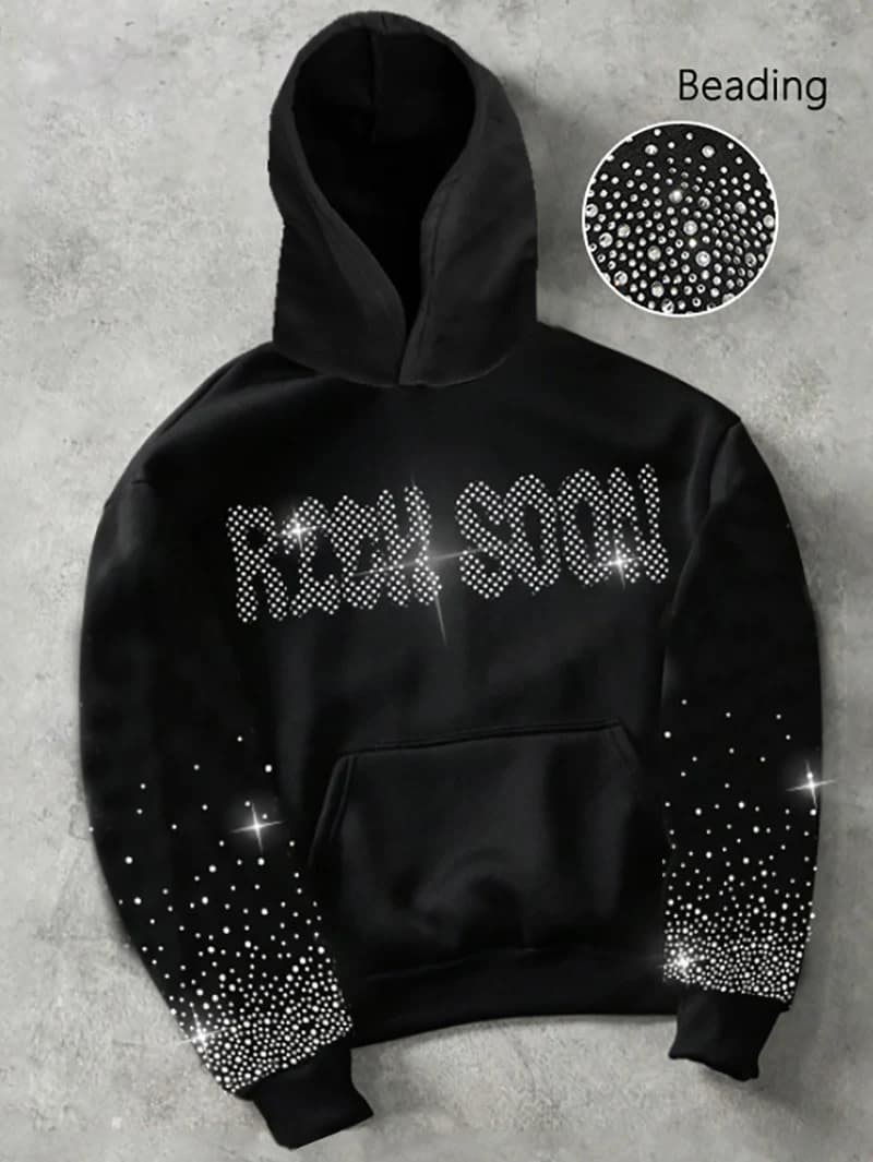 Men's Autumn and Winter Rhinestone Letter Hooded Sweatshirt Trendy Casual Black Hoodie Top