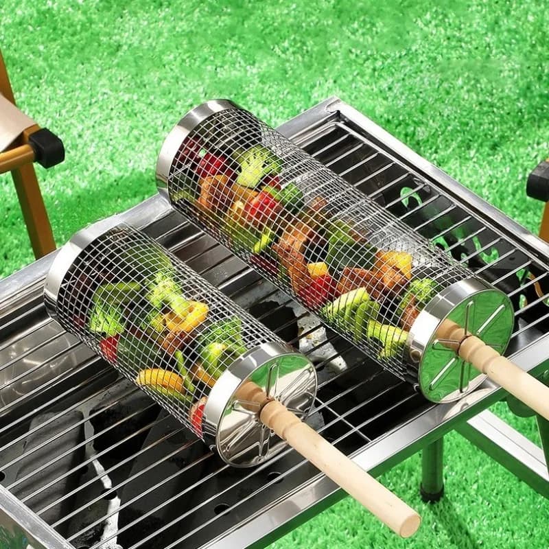 Rotating Grid for Barbecue, Stainless Steel Round Barbecue Network 304, Barbecue Network with Wood Handle, Camping Grid Basket at Open