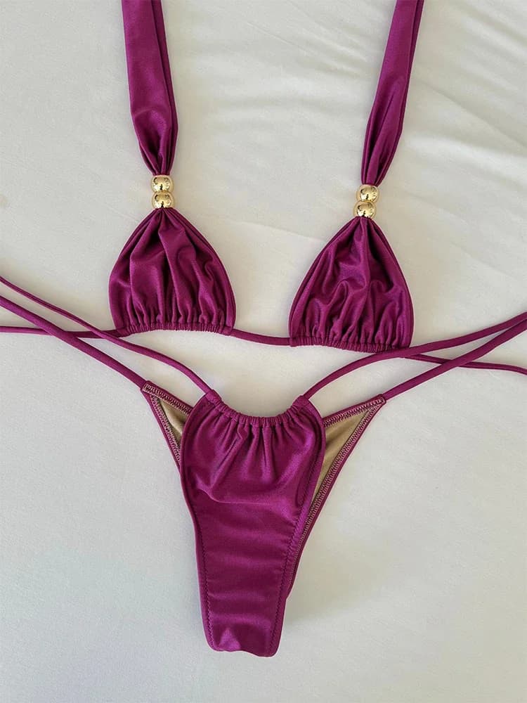 2026 Sexy Micro Bikini a Vita Bassa, Set Costume da Bagno Donna, Tinta Unita, Stile Brasiliano con Spalline, Halter, Abbigliamento da Spiaggia, Biquini