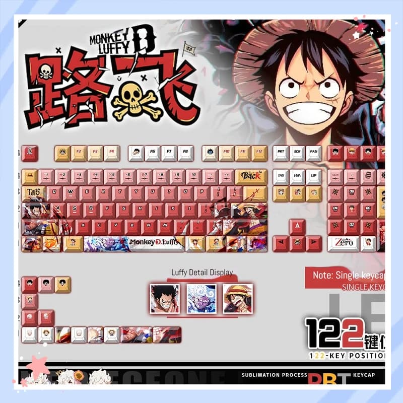 Meow Meow Peripherals Keycaps PBT con legendhe frontali One Piece Monkey D Luffy, 122 tasti, sublimazione a caldo per tastiera meccanica