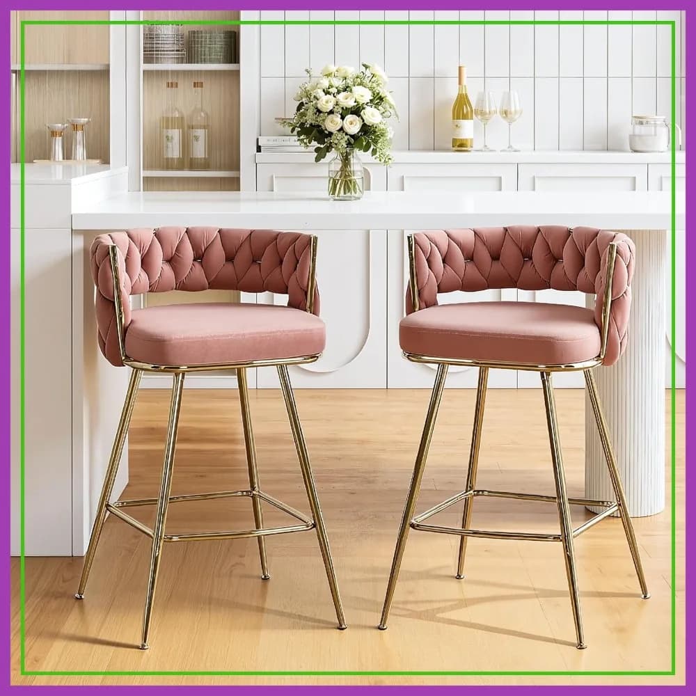 Set di 2 sgabelli da bar, sgabelli da bar alti 26 pollici con schienale intrecciato e poggiapiedi per isola cucina, rosa