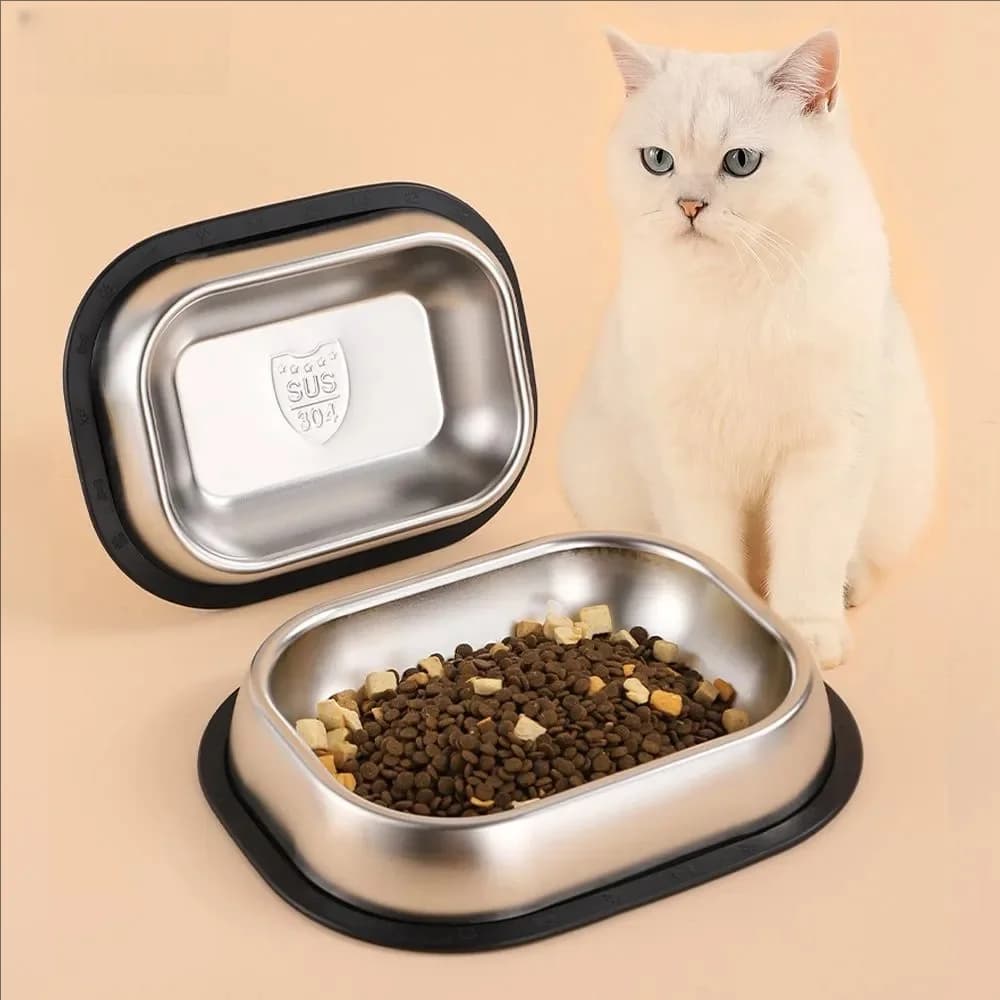 304 Stainless Steel Pet Bowl, Cat and Dog Supplies, Cat Food and Water Bowl, Non-slip Square Pet Feeding Utensil, Foodrough, Non