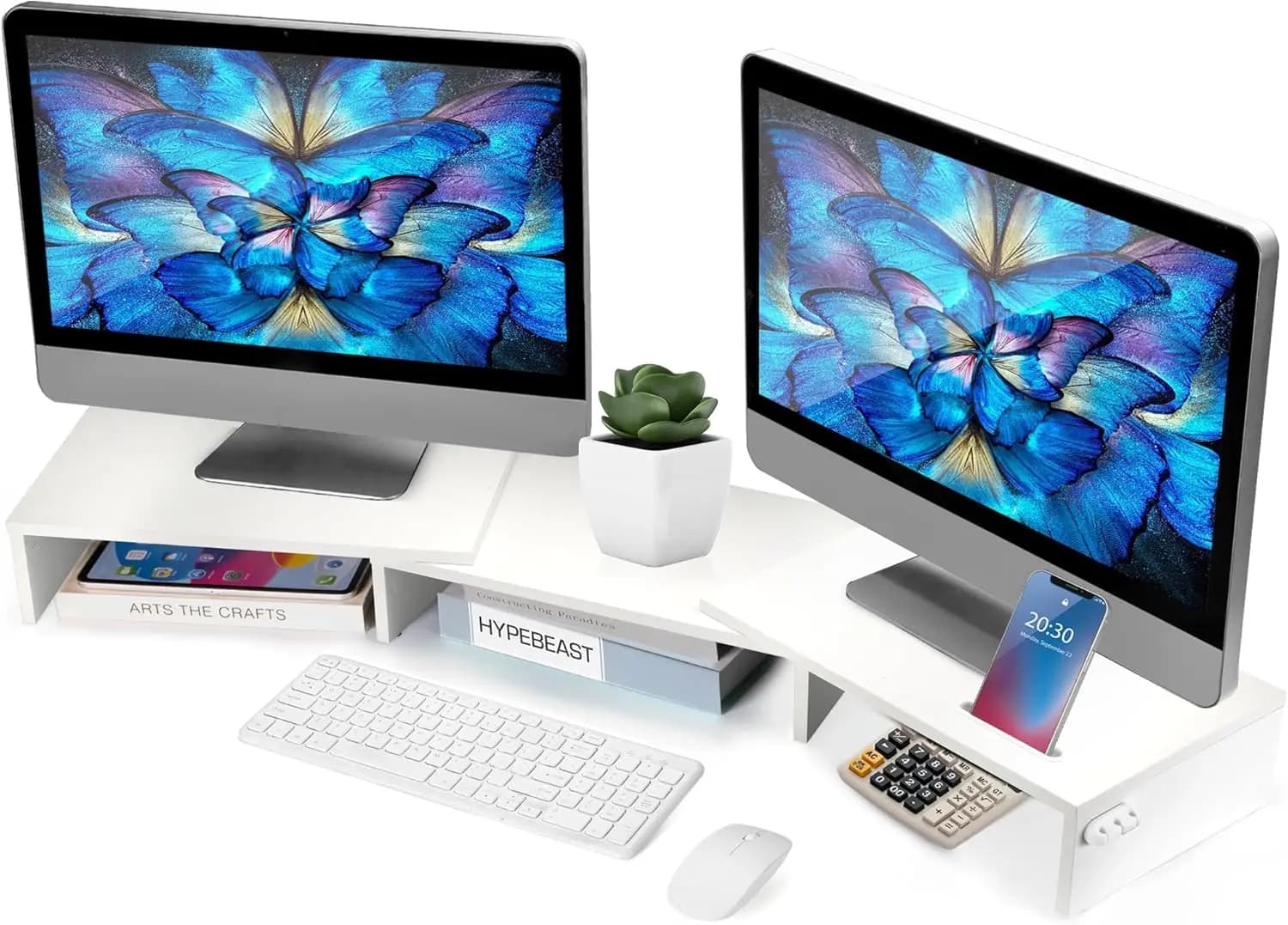 Supporto per Doppio Monitor, Regolabile in Lunghezza e Girevole, Organizzatore da Scrivania in Legno con Porta Telefono, Bianco