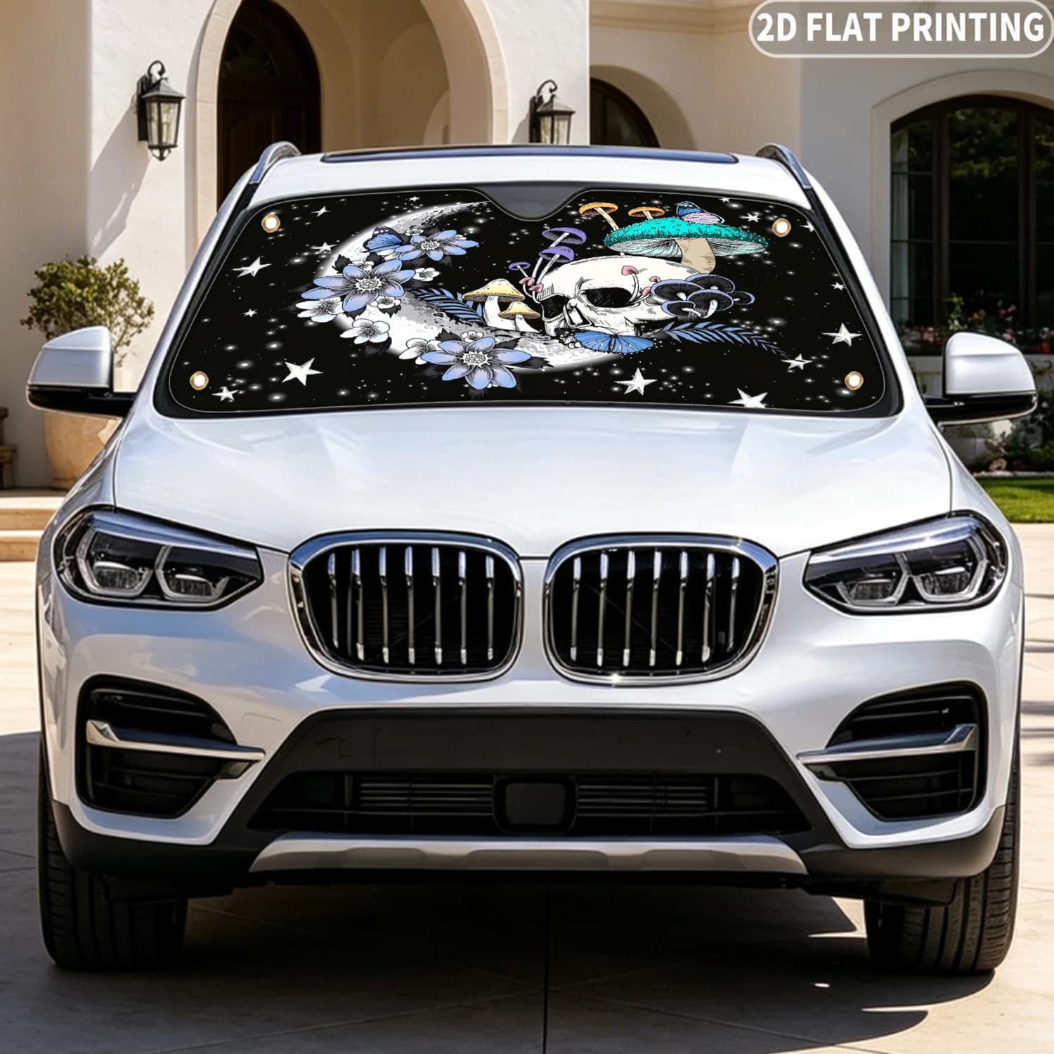 1pc Universal Car Windshield Sunshade, with Skull Moon Flower Star 2D FLAT Printing, with 4 Suction Cups, Protect Your Privacy