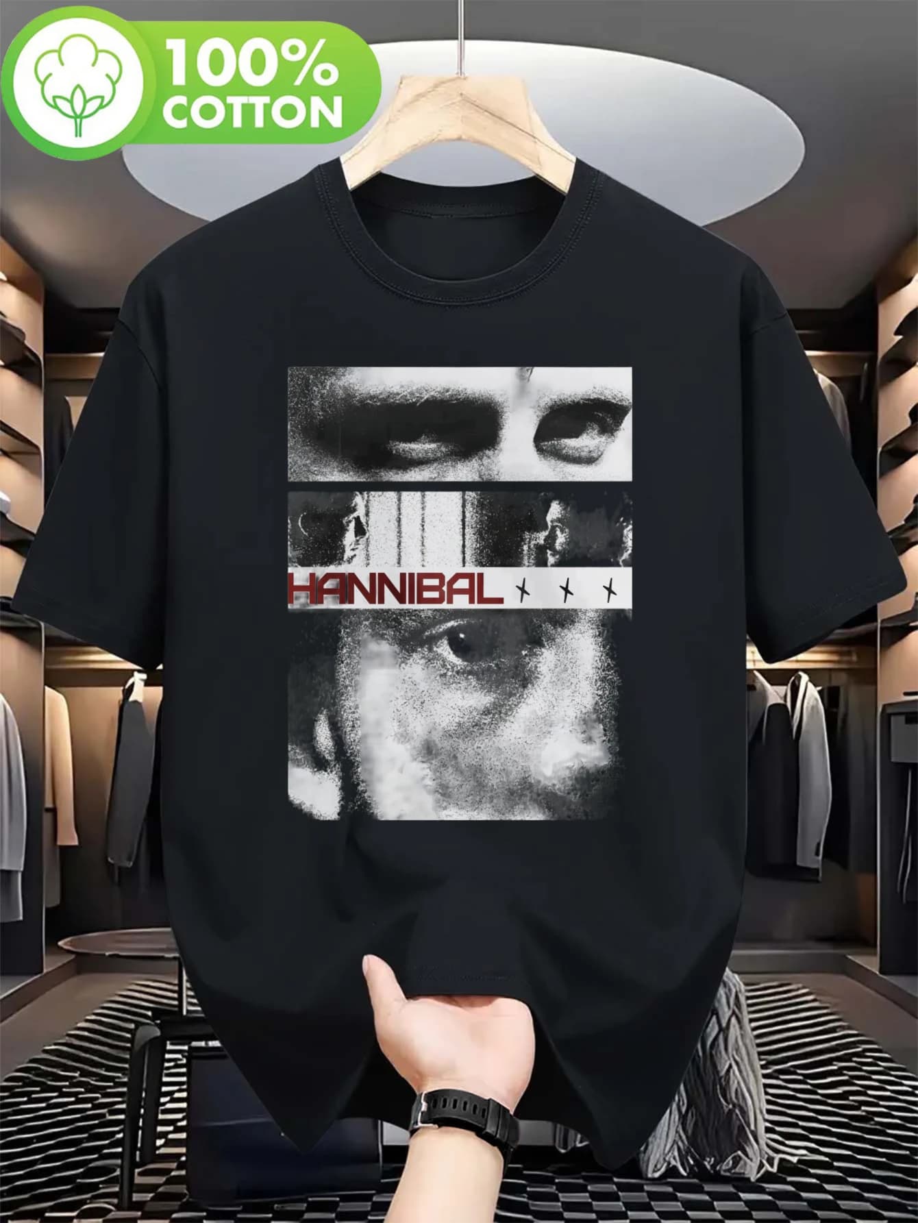 T-shirt da donna ispirata al film/drama televisivo Summer Hannibal | Logo classico di Hannibal Lecter e ritratto del personaggio