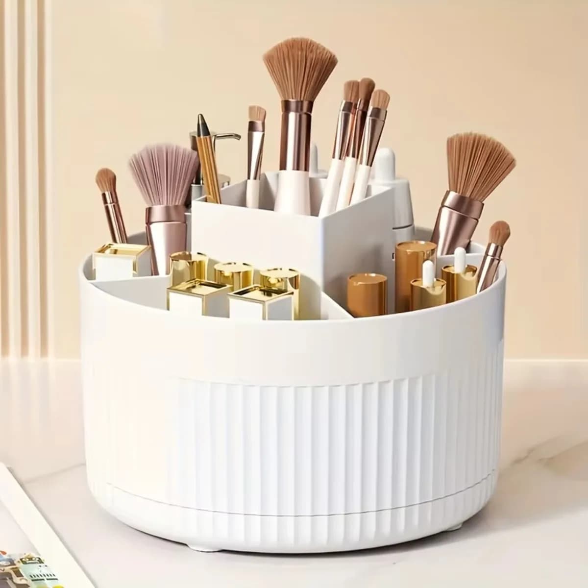 360 ° Organizzatore Girevole per Trucchi, Carosello Cosmetico Bianco con 5 Scomparti per Toeletta, Scrivania, Bagno, Camera da Letto
