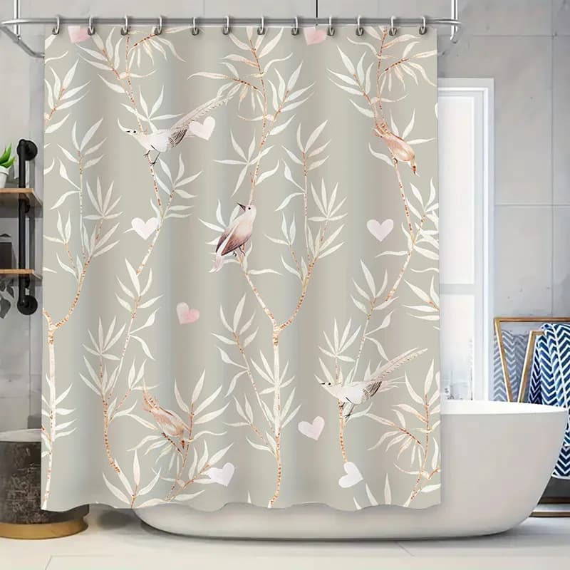Tenda da doccia con stampa di uccelli e fiori di lusso per l'arredamento del bagno Tessuto di design bianco, rosa beige Copri bagno impermeabile Dimensioni 180X
