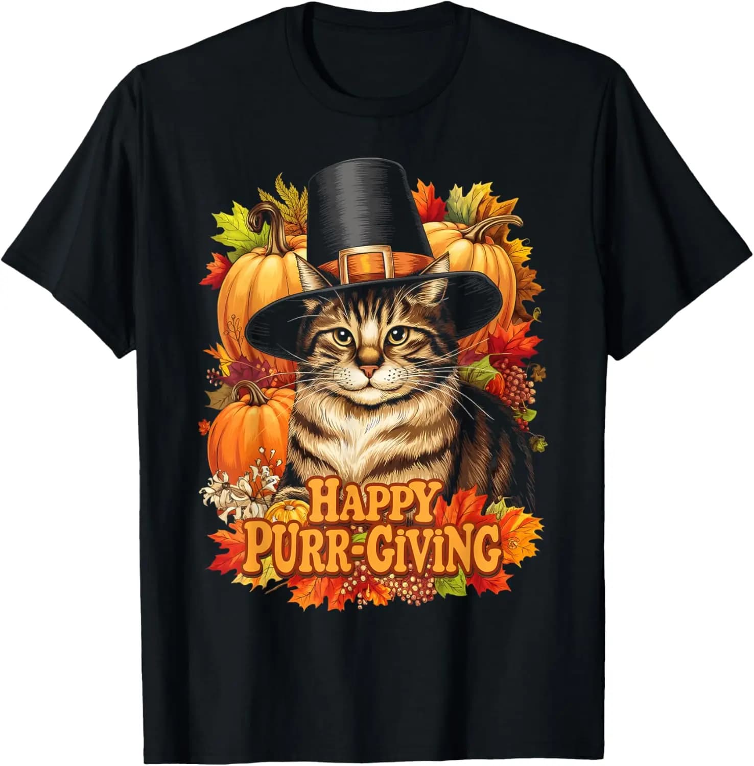 Thanksgiving Pilgrim Cat Lover Happy Purr-Giving T-Shirt 100% Cotton Trendy Y2K Short-Sleeve Tee – Soft, Quick-Drying, &
